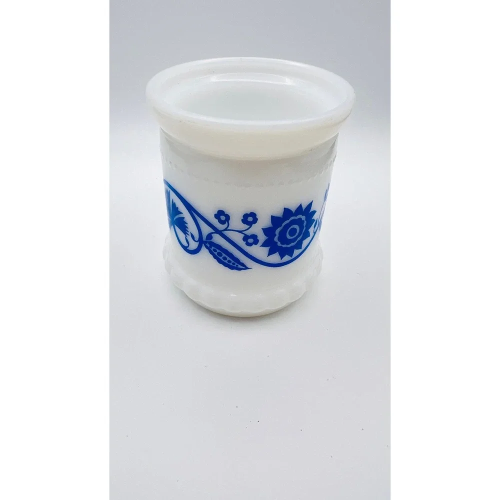 Vintage Milk Glass Blue Floral Toothbrush Holder Vanity Jar Scalloped Base